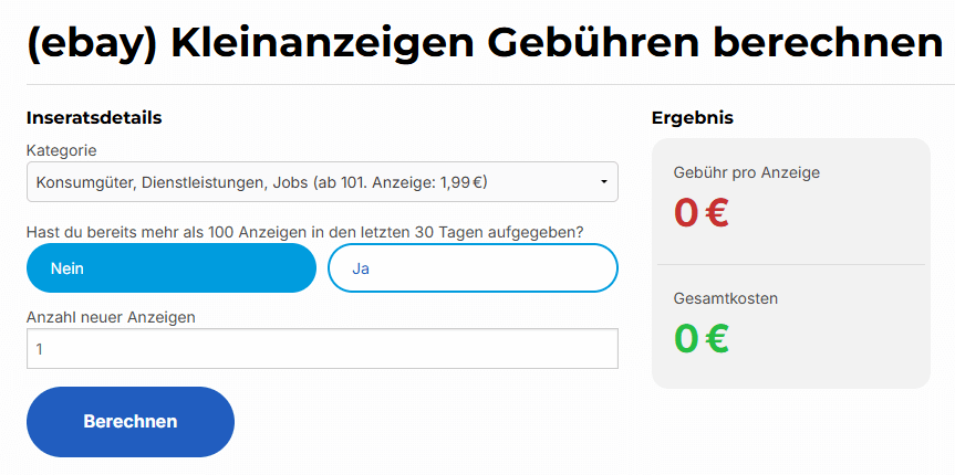 Screenshot: So funktioniert der Kleinanzeigen Gebührenrechner