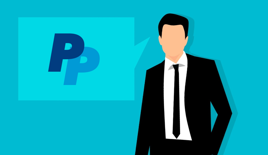 Grafik mit PayPal-Logo und Person im Anzug im Vordergrund